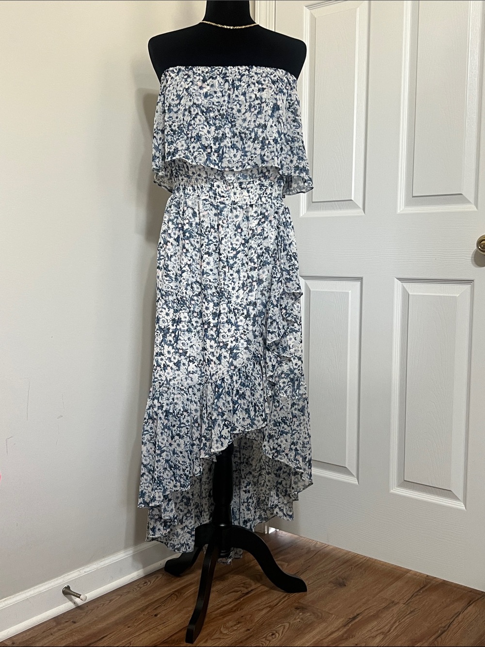 Vince Camuto Blue and White Floral Strapless High-Low Dress